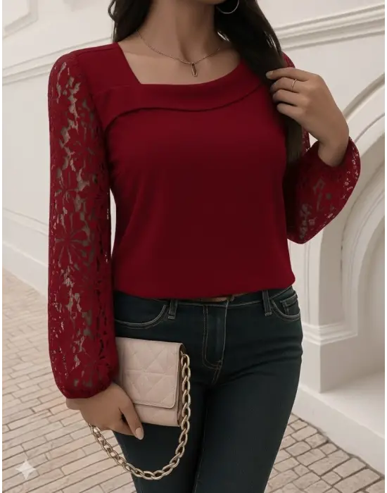 Kadın Uzun Kollu Asimetrik Yakalı Dantelli Ithal Krep Bluz