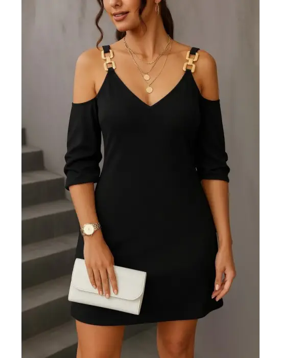 Kadın Uzun Kollu Askı Detay Iki Iplik Mini Boy Elbise