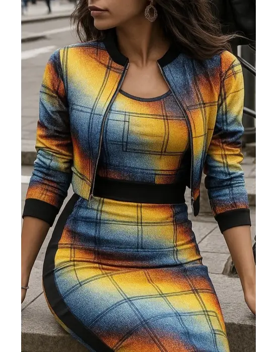 Kadın Uzun Kollu Askılı Yuvarlak Yaka Desenli Dalgıç Bluz Ceket Ve Etek üçlü Takım