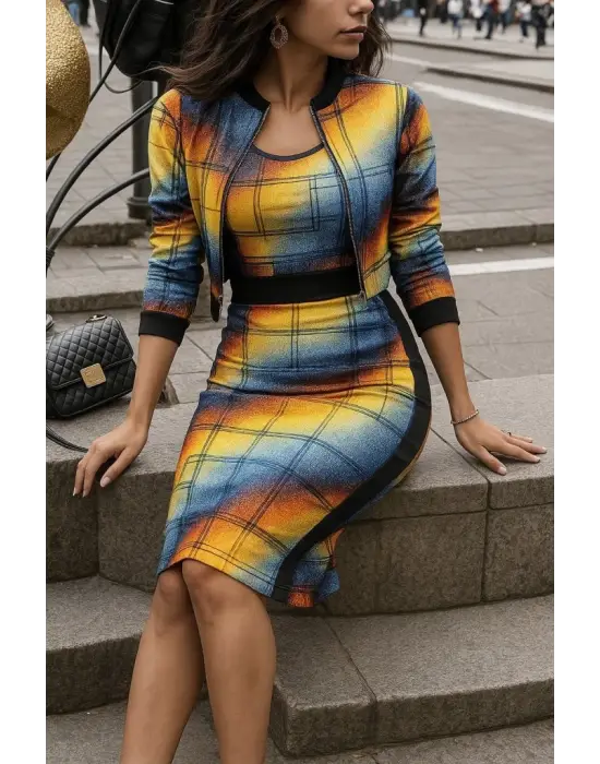 Kadın Uzun Kollu Askılı Yuvarlak Yaka Desenli Dalgıç Bluz Ceket Ve Etek üçlü Takım