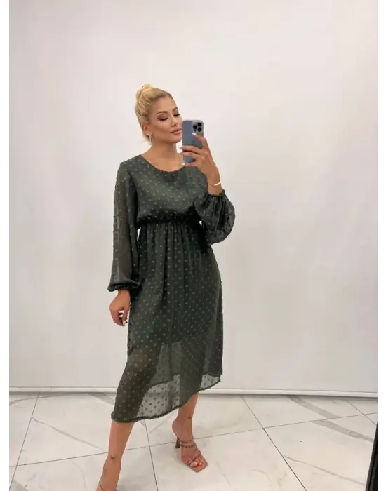 Kadın Uzun Kollu Astar Detay Fırsat ürün Ponpon şifon Elbise