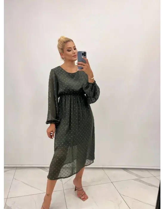 Kadın Uzun Kollu Astar Detay Fırsat ürün Ponpon şifon Elbise