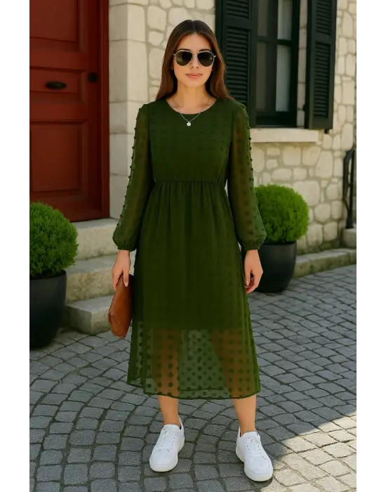 Kadın Uzun Kollu Astar Detay Fırsat ürün Ponpon şifon Elbise