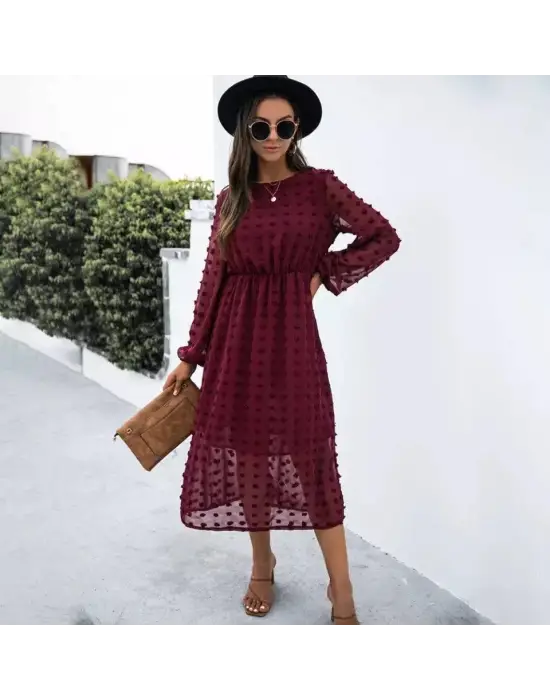 Omarı Uzun Kollu Astar Detaylı Kadın Ponpon Elbise