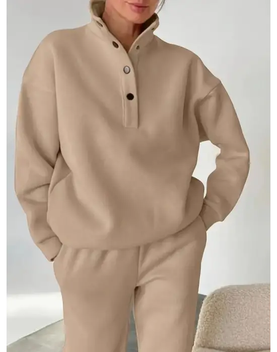 Kadın Uzun Kollu Balıkçı Dik Yakalı Düğmeli üç Iplik Bluz Ve Pantolon Ikili Takım