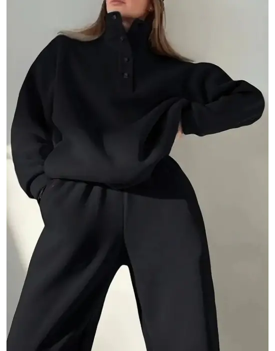 Kadın Uzun Kollu Balıkçı Dik Yakalı Düğmeli üç Iplik Bluz Ve Pantolon Ikili Takım