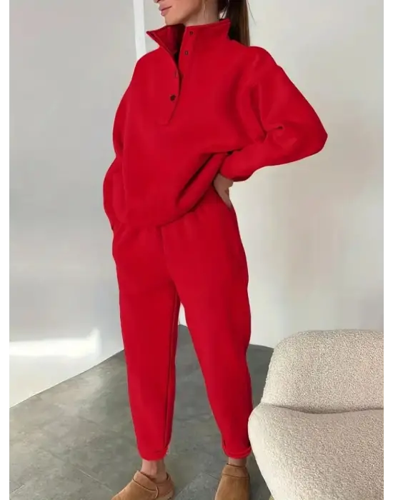 Kadın Uzun Kollu Balıkçı Dik Yakalı Düğmeli üç Iplik Bluz Ve Pantolon Ikili Takım