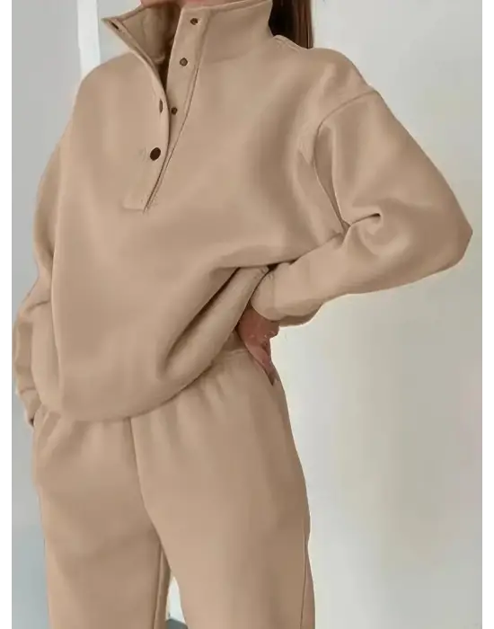 Kadın Uzun Kollu Balıkçı Dik Yakalı Düğmeli üç Iplik Bluz Ve Pantolon Ikili Takım