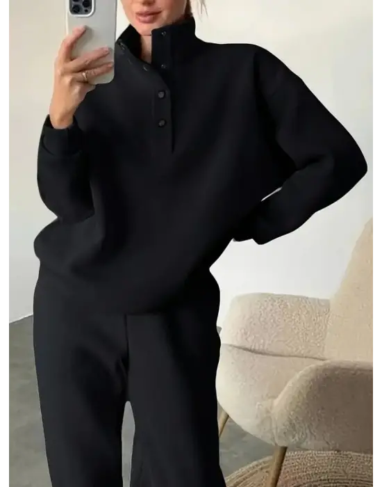 Kadın Uzun Kollu Balıkçı Dik Yakalı Düğmeli üç Iplik Bluz Ve Pantolon Ikili Takım