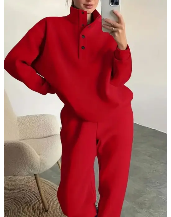 Kadın Uzun Kollu Balıkçı Dik Yakalı Düğmeli üç Iplik Bluz Ve Pantolon Ikili Takım