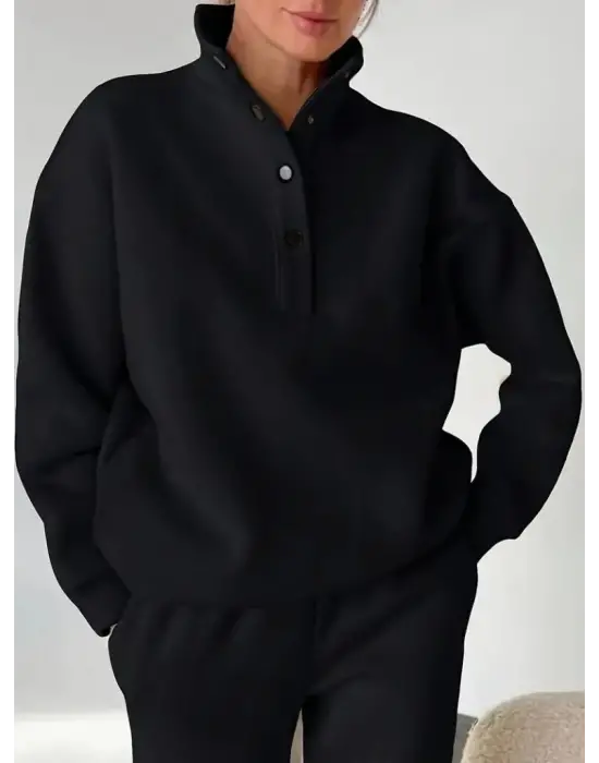 Kadın Uzun Kollu Balıkçı Dik Yakalı Düğmeli üç Iplik Bluz Ve Pantolon Ikili Takım