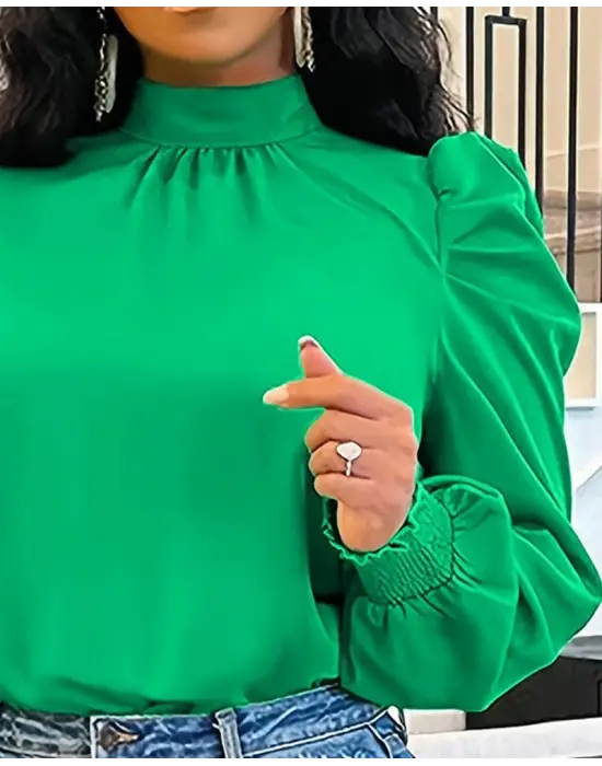 Kadın Uzun Kollu Balıkçı Yaka Arkadan Bağlamalı Omuzlardan Balon Ithal Krep Bluz