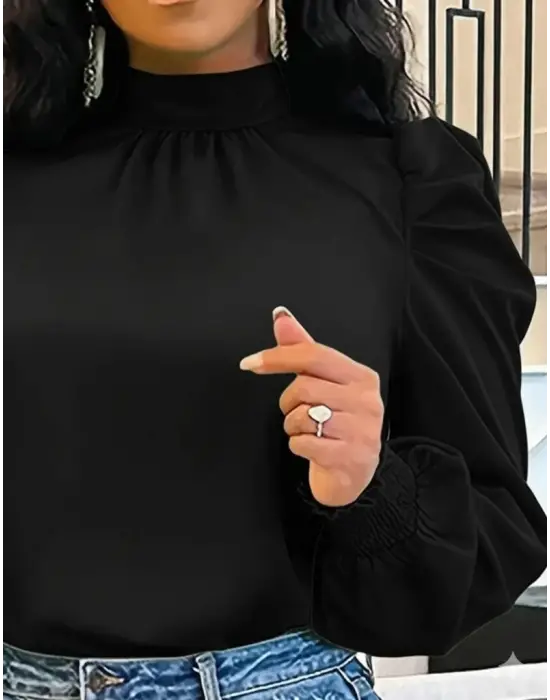 Kadın Uzun Kollu Balıkçı Yaka Arkadan Bağlamalı Omuzlardan Balon Ithal Krep Bluz