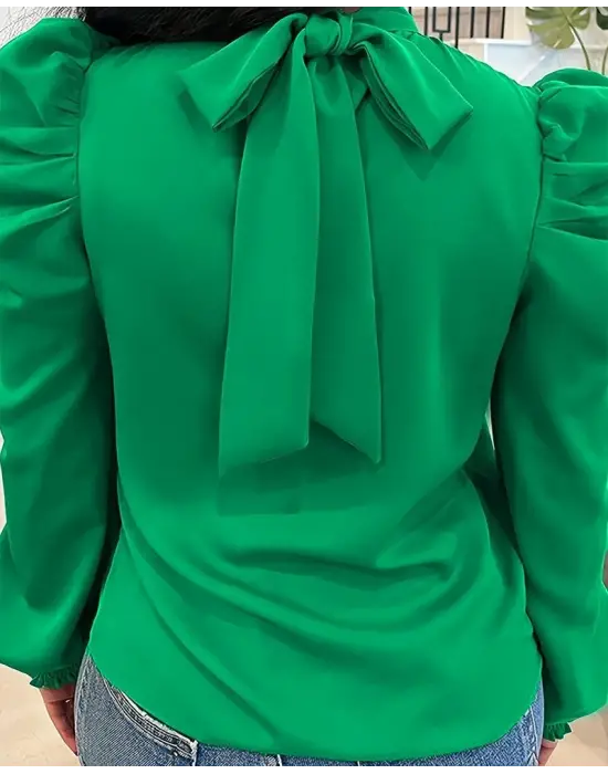 Kadın Uzun Kollu Balıkçı Yaka Arkadan Bağlamalı Omuzlardan Balon Ithal Krep Bluz