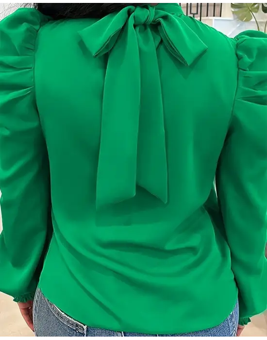 Kadın Uzun Kollu Balıkçı Yaka Arkadan Bağlamalı Omuzlardan Balon Ithal Krep Bluz