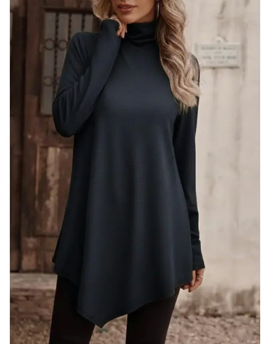 Modern Asimetrik Kesim Balıkçı Yaka Bluz