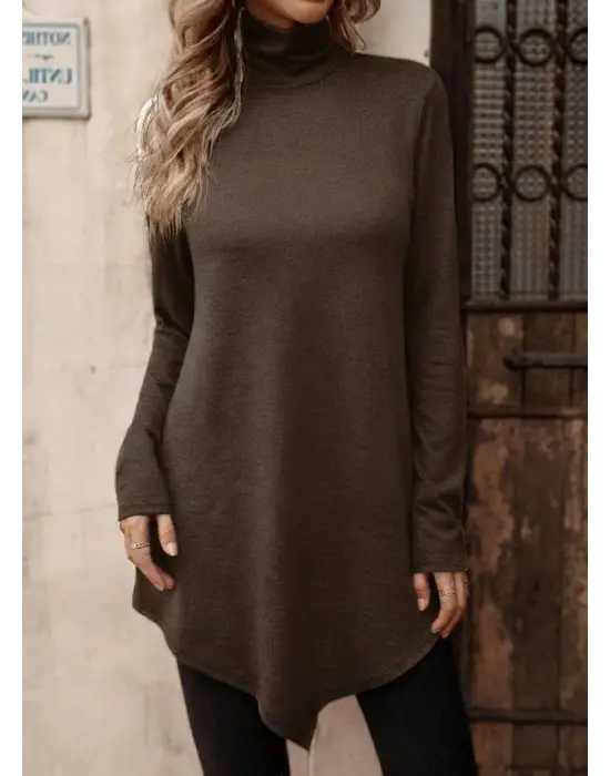 Kadın Uzun Kollu Balıkçı Yaka Asimetrik Kesim Detaylı Yün Viskon Bluz