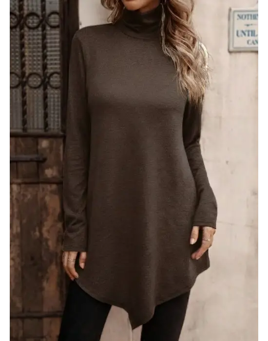 Kadın Uzun Kollu Balıkçı Yaka Asimetrik Kesim Detaylı Yün Viskon Bluz