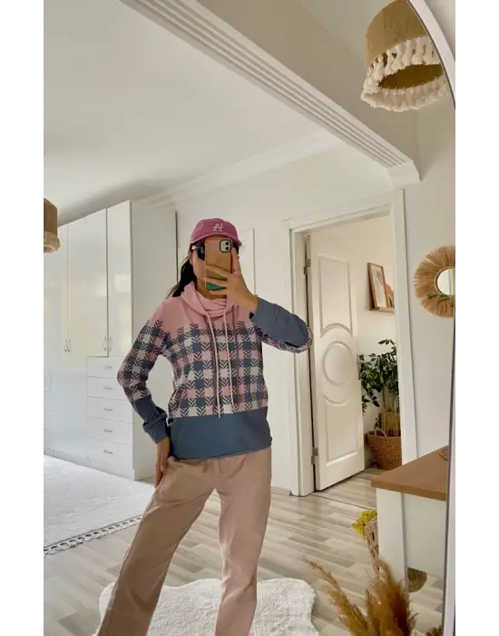 Kadın Uzun Kollu Balıkçı Yaka Bağcıklı Desenli şardonlu Dalgıç Bluz