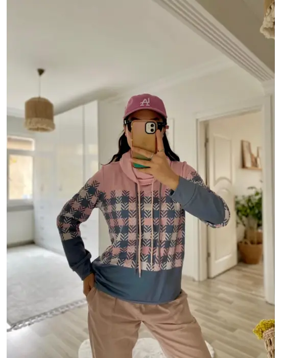 Kadın Uzun Kollu Balıkçı Yaka Bağcıklı Desenli şardonlu Dalgıç Bluz