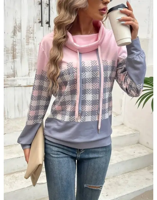 Kadın Uzun Kollu Balıkçı Yaka Bağcıklı Desenli şardonlu Dalgıç Bluz