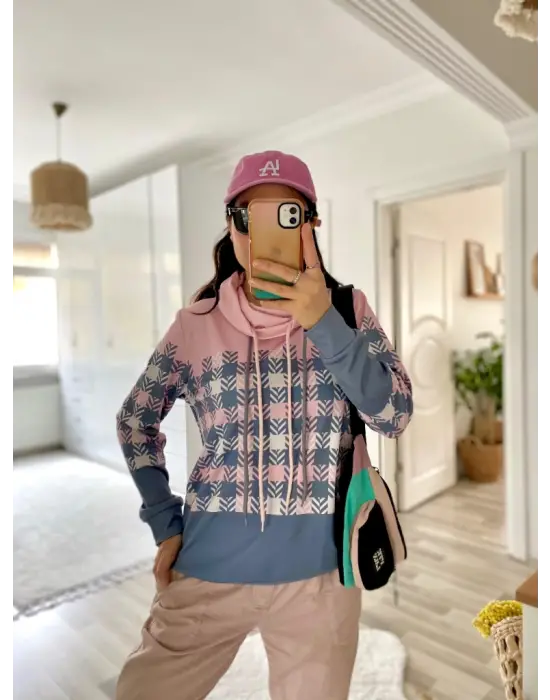 Kadın Uzun Kollu Balıkçı Yaka Bağcıklı Desenli şardonlu Dalgıç Bluz