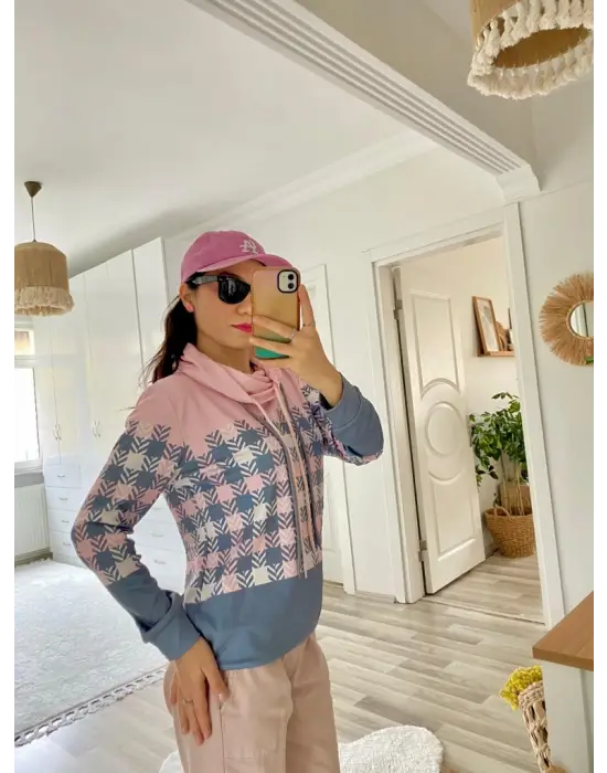 Kadın Uzun Kollu Balıkçı Yaka Bağcıklı Desenli şardonlu Dalgıç Bluz