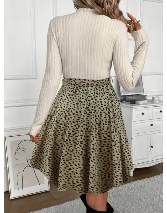 Kadın Uzun Kollu Balıkçı Yaka Belden Bağlamalı üst Kaşkorse Eteği Dalgıç Elbise