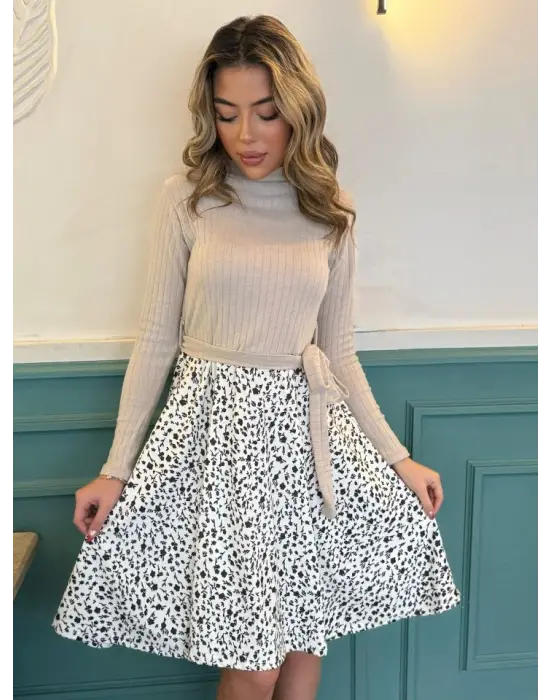 Kadın Uzun Kollu Balıkçı Yaka Belden Bağlamalı üst Kaşkorse Eteği Dalgıç Kısa Elbise