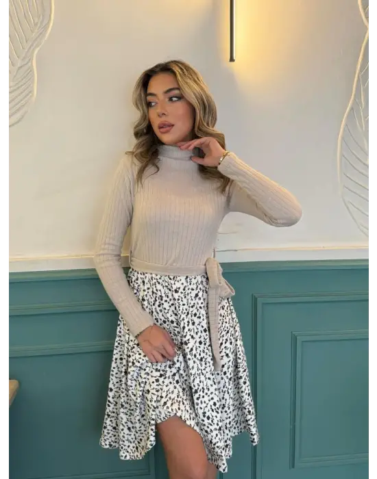 Kadın Uzun Kollu Balıkçı Yaka Belden Bağlamalı üst Kaşkorse Eteği Dalgıç Kısa Elbise