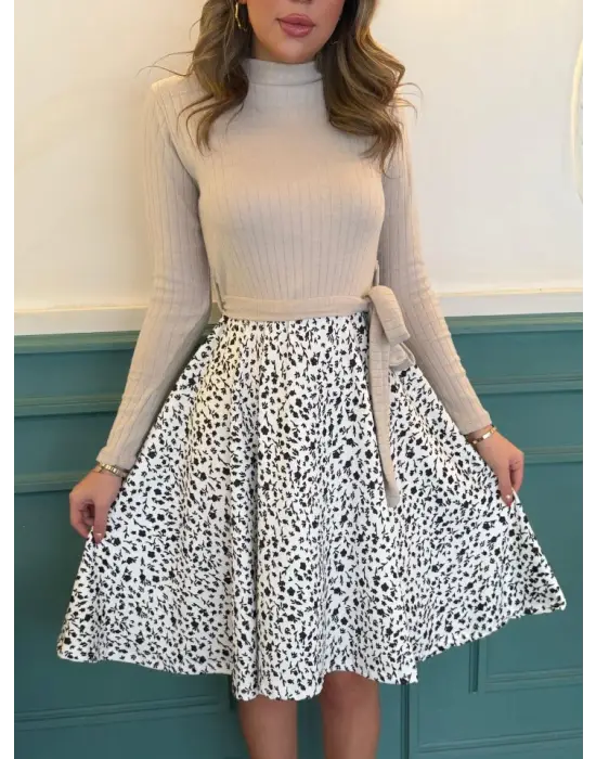 Kadın Uzun Kollu Balıkçı Yaka Belden Bağlamalı üst Kaşkorse Eteği Dalgıç Kısa Elbise