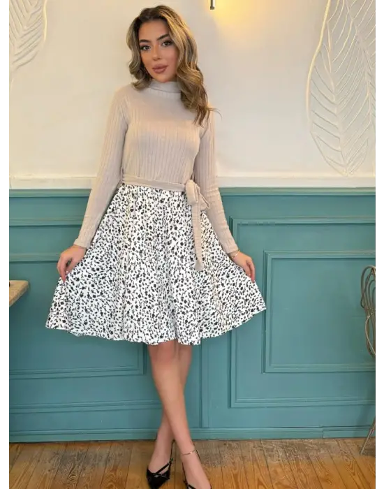 Kadın Uzun Kollu Balıkçı Yaka Belden Bağlamalı üst Kaşkorse Eteği Dalgıç Kısa Elbise