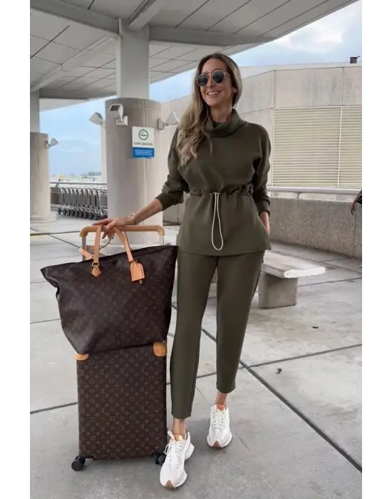 Kadın Uzun Kollu Balıkçı Yaka Belden Lastikli Modal Bluz Ve Pantolon Ikili Takım