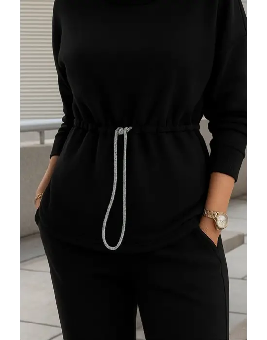 Kadın Uzun Kollu Balıkçı Yaka Belden Lastikli Modal Bluz Ve Pantolon Ikili Takım