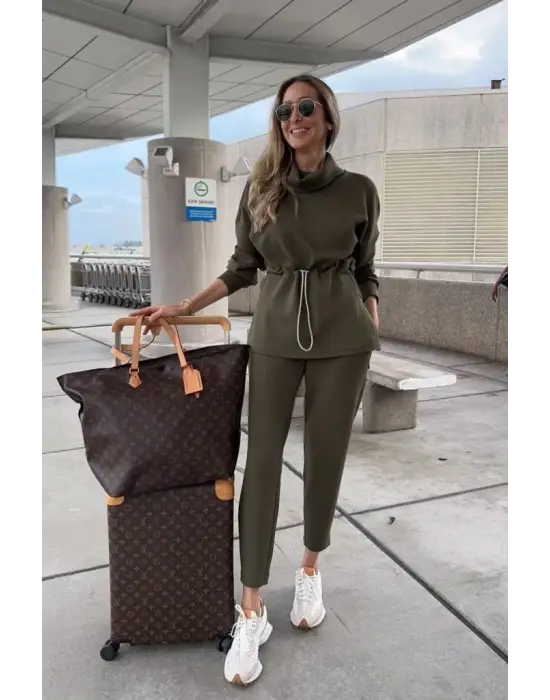 Kadın Uzun Kollu Balıkçı Yaka Belden Lastikli Modal Bluz Ve Pantolon Ikili Takım