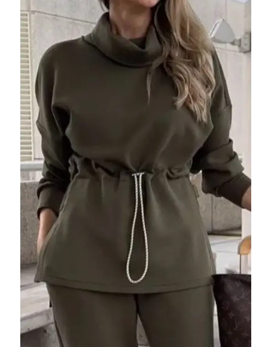 Kadın Uzun Kollu Balıkçı Yaka Belden Lastikli Modal Bluz Ve Pantolon Ikili Takım