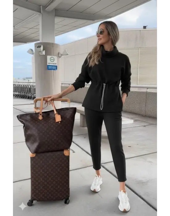 Kadın Uzun Kollu Balıkçı Yaka Belden Lastikli Modal Bluz Ve Pantolon Ikili Takım