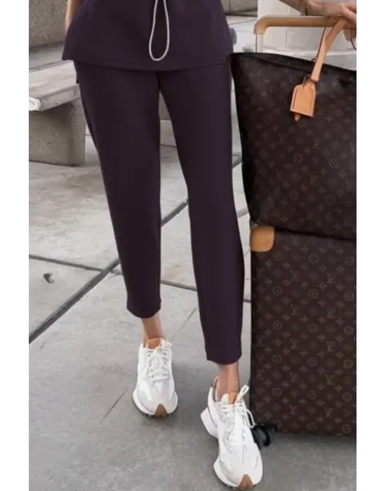 Kadın Uzun Kollu Balıkçı Yaka Belden Lastikli Modal Bluz Ve Pantolon Ikili Takım