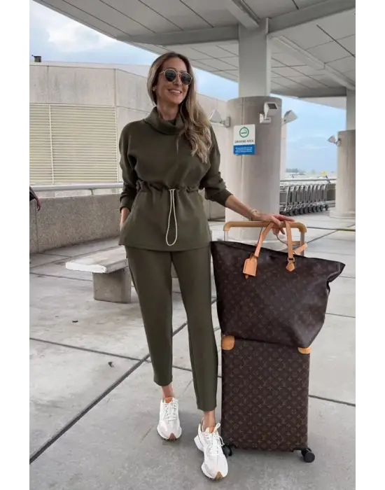 Kadın Uzun Kollu Balıkçı Yaka Belden Lastikli Modal Bluz Ve Pantolon Ikili Takım