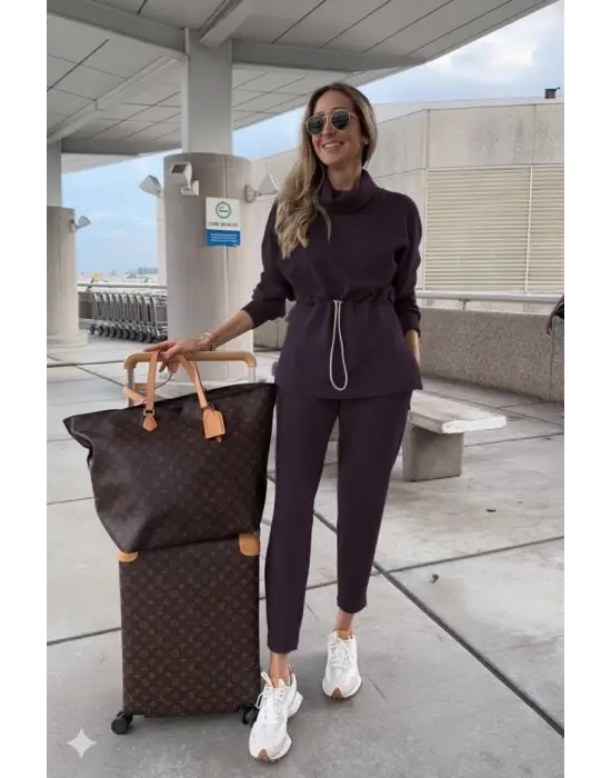 Kadın Uzun Kollu Balıkçı Yaka Belden Lastikli Modal Bluz Ve Pantolon Ikili Takım