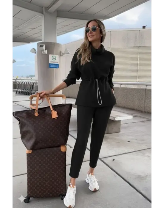 Kadın Uzun Kollu Balıkçı Yaka Belden Lastikli Modal Bluz Ve Pantolon Ikili Takım