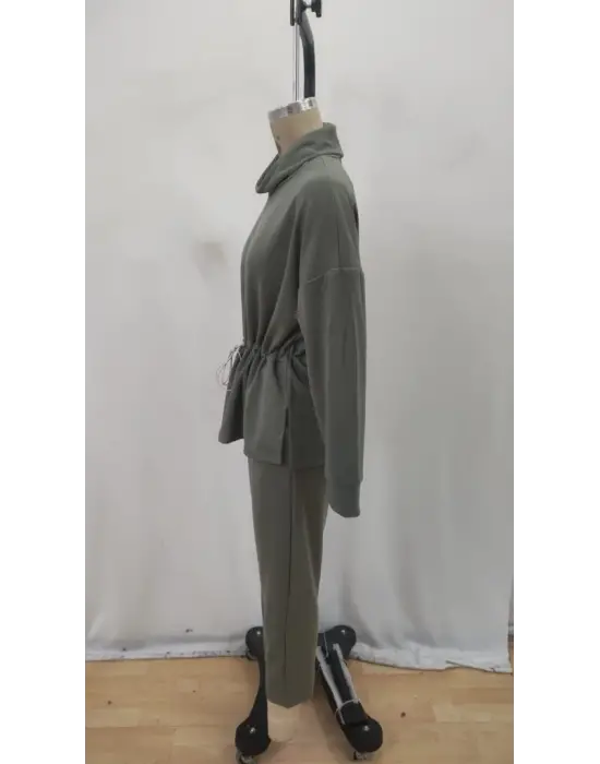 Kadın Uzun Kollu Balıkçı Yaka Belden Lastikli Modal Bluz Ve Pantolon Ikili Takım