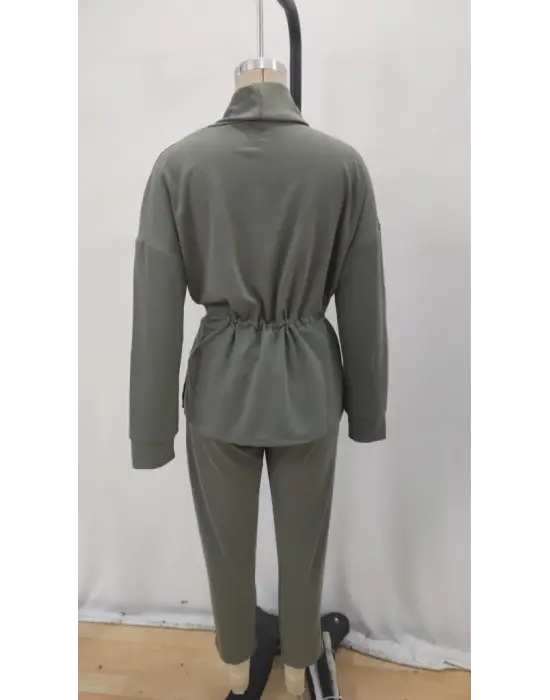 Kadın Uzun Kollu Balıkçı Yaka Belden Lastikli Modal Bluz Ve Pantolon Ikili Takım