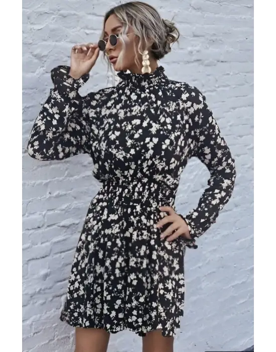 Kadın Uzun Kollu Balıkçı Yaka çiçek Baskılı Helen Kumaş Elbise
