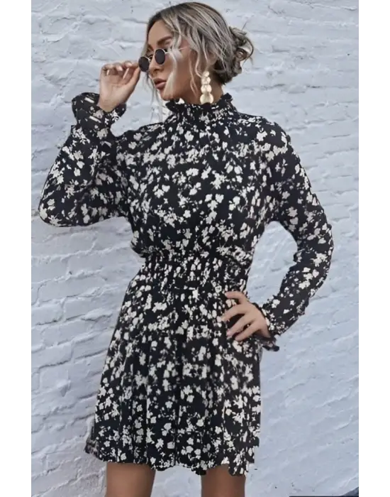 Kadın Uzun Kollu Balıkçı Yaka çiçek Baskılı Helen Kumaş Elbise
