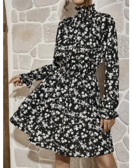Kadın Uzun Kollu Balıkçı Yaka çiçek Baskılı Helen Kumaş Elbise