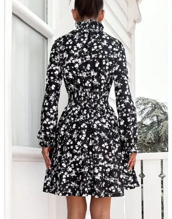 Kadın Uzun Kollu Balıkçı Yaka çiçek Baskılı Helen Kumaş Elbise