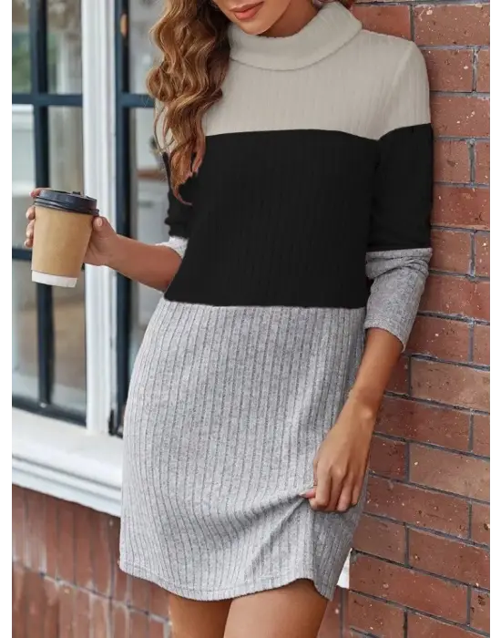 Kadın Uzun Kollu Balıkçı Yaka çizgili çok Renkli Mini şardonlu Kaşkorsel Elbise