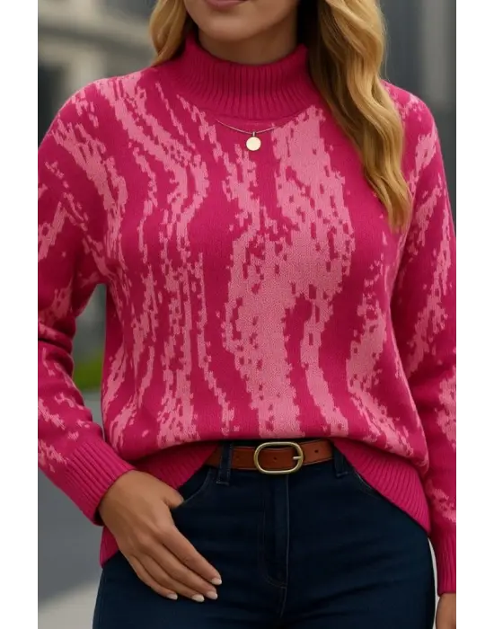 Kadın Uzun Kollu Balıkçı Yaka çok Renkli Triko Bluz