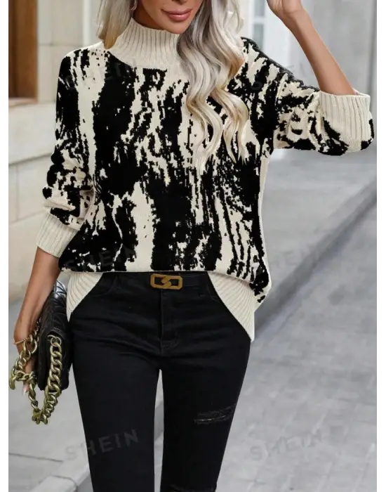 Kadın Uzun Kollu Balıkçı Yaka çok Renkli Triko Bluz